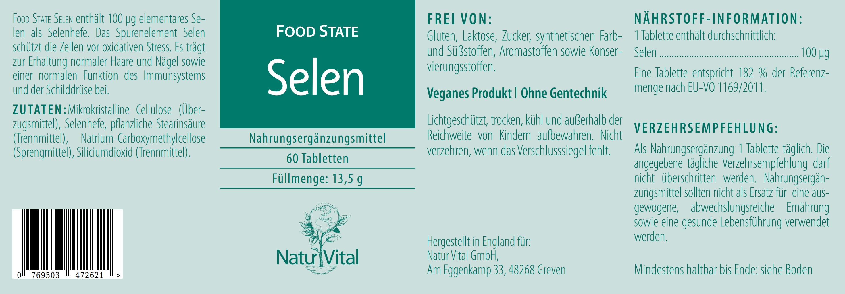 Natur Vital Selen FOOD STATE, 60 Tabletten  EAN: 4262512990651