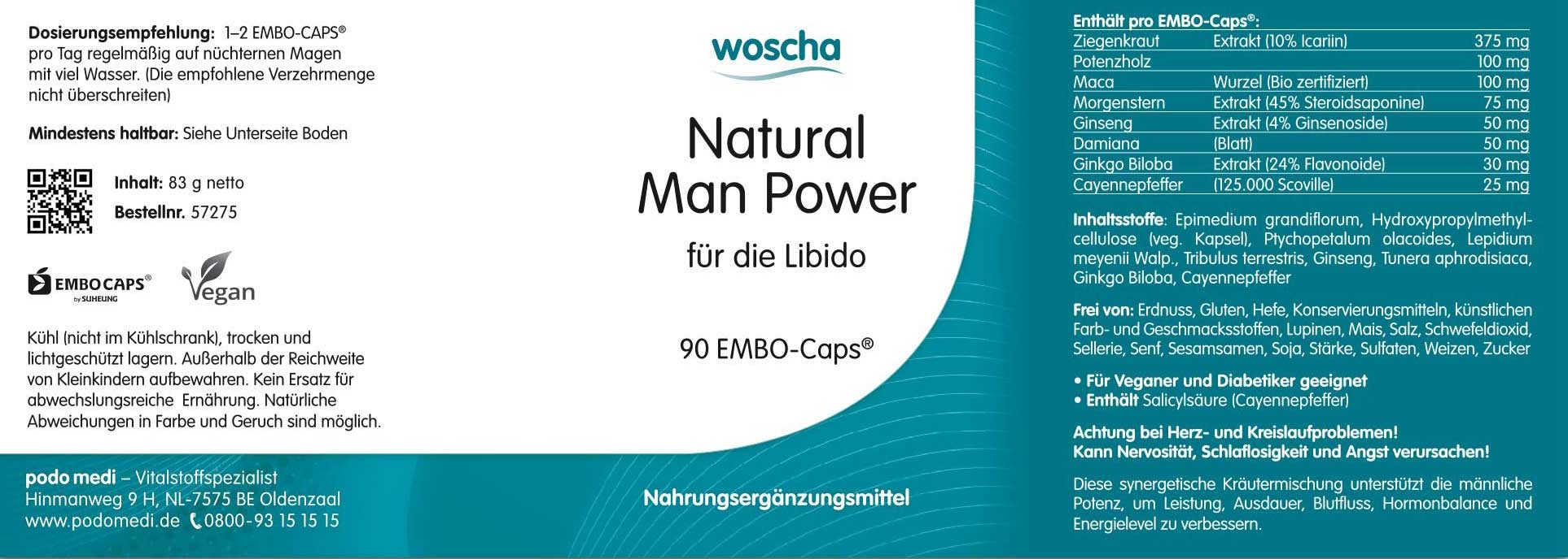 Woscha Natural Man Power von podo medi beinhaltet 90 Kapseln Etikett
