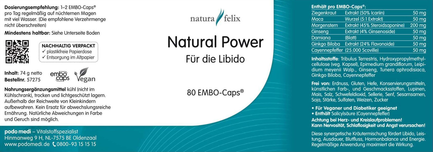 Woscha Natural Man Power podo medi 90 Kapseln Etikett Woscha Natural Man Power von podo medi beinhaltet 90 Kapseln Etikett