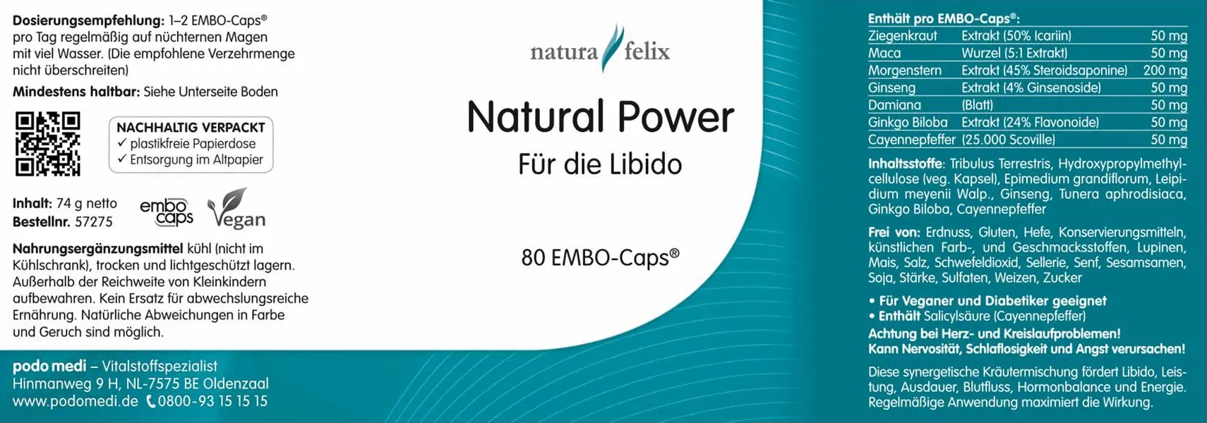 Natura Felix Natural Power für die Libido, 80 EMBO-Caps Mann Liebesleben EAN: 8717729191569
