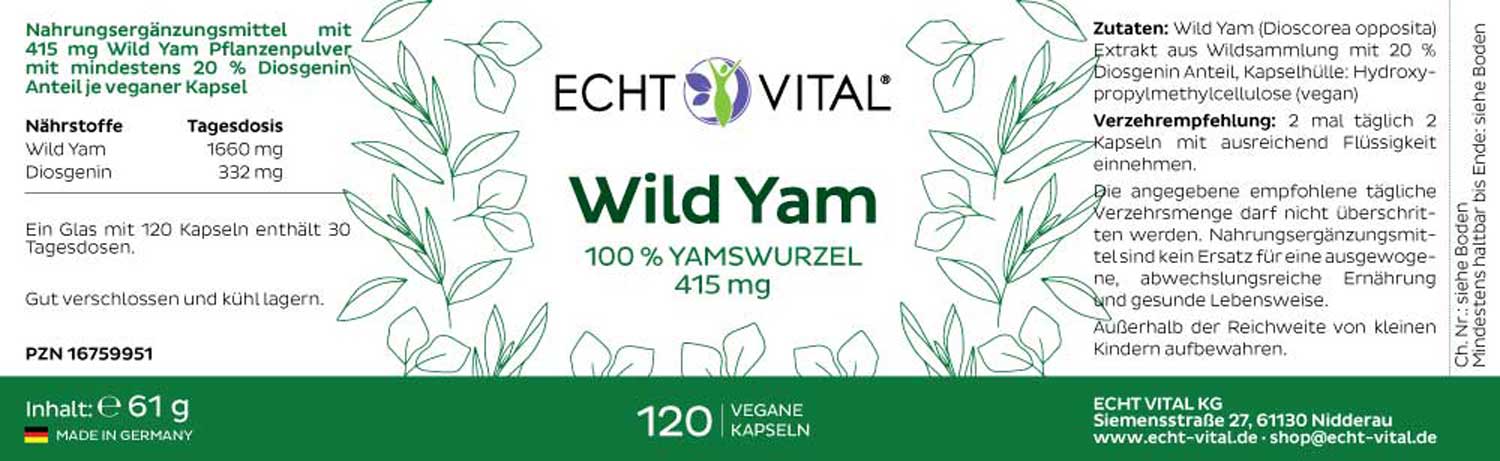 Etikett Wild Yam von Echt Vital beinhaltet 120 vegane Kapseln