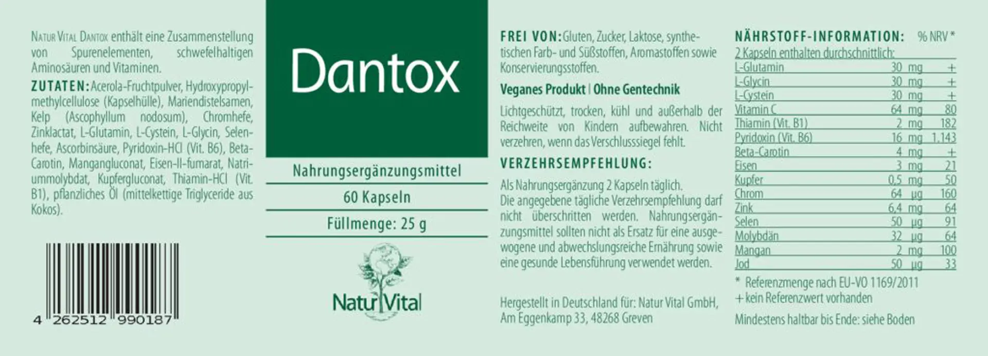 Natur Vital Dantox, 60 Kapseln Leber EAN: 4262512990187