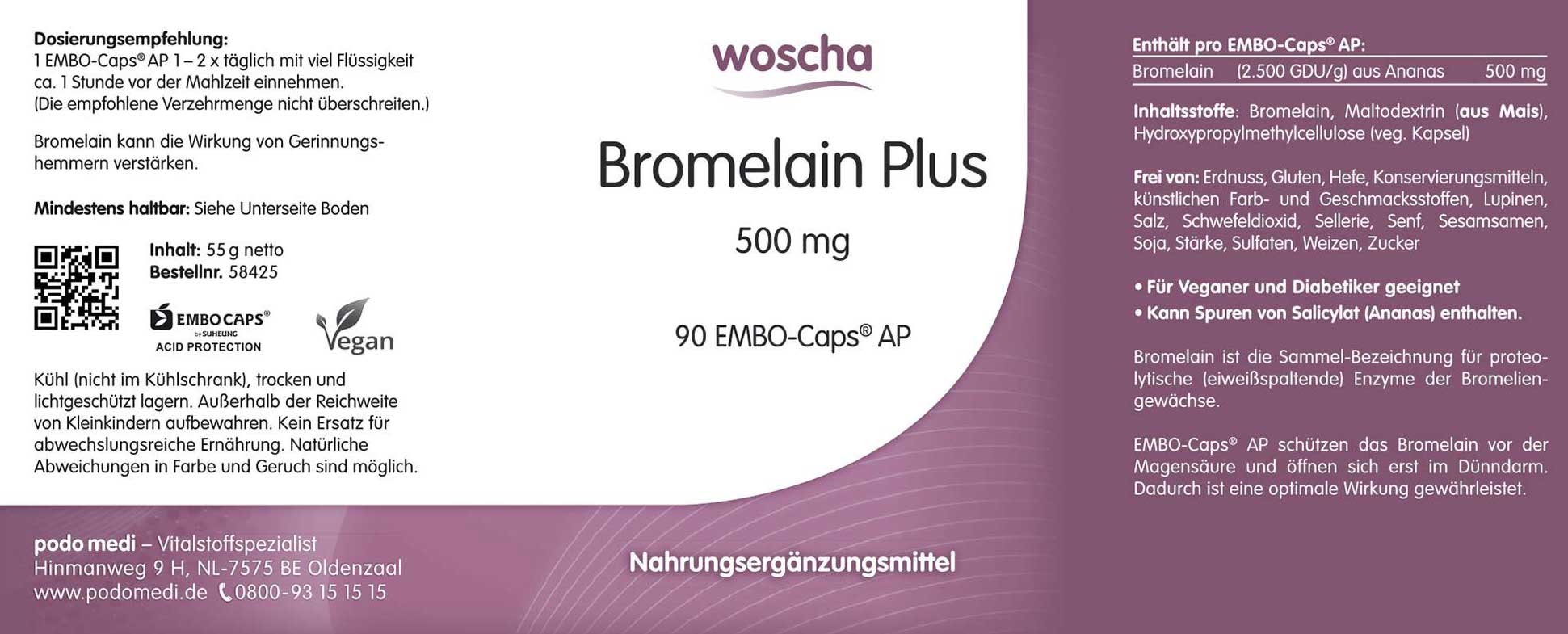 Woscha Bromelain Plus podo medi 90 Kapseln Etikett Woscha Bromelain Plus von podo medi beinhaltet 90 Kapseln Etikett