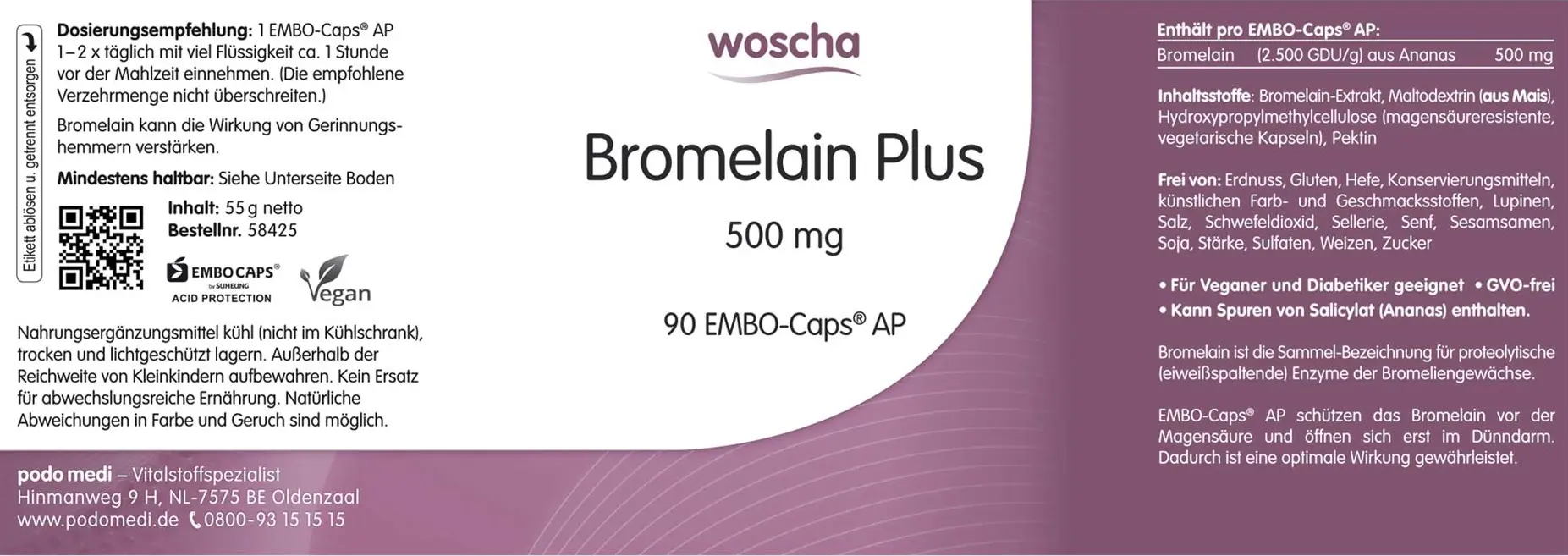 Woscha Bromelain Plus von podo medi beinhaltet 90 Kapseln Etikett