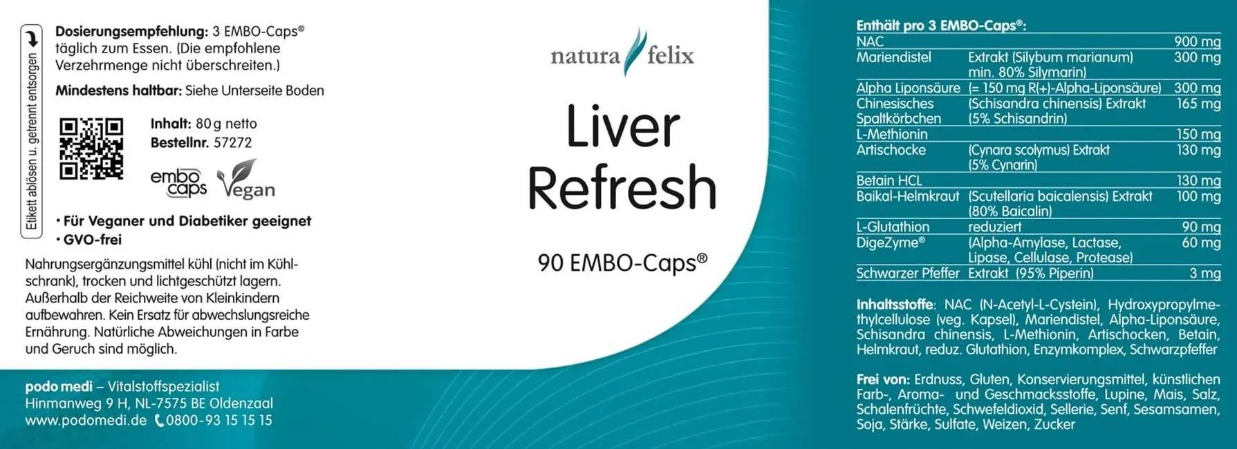 Natur Felix Liver Refresh von podo medi beinhaltet 90 Kapseln Etikett