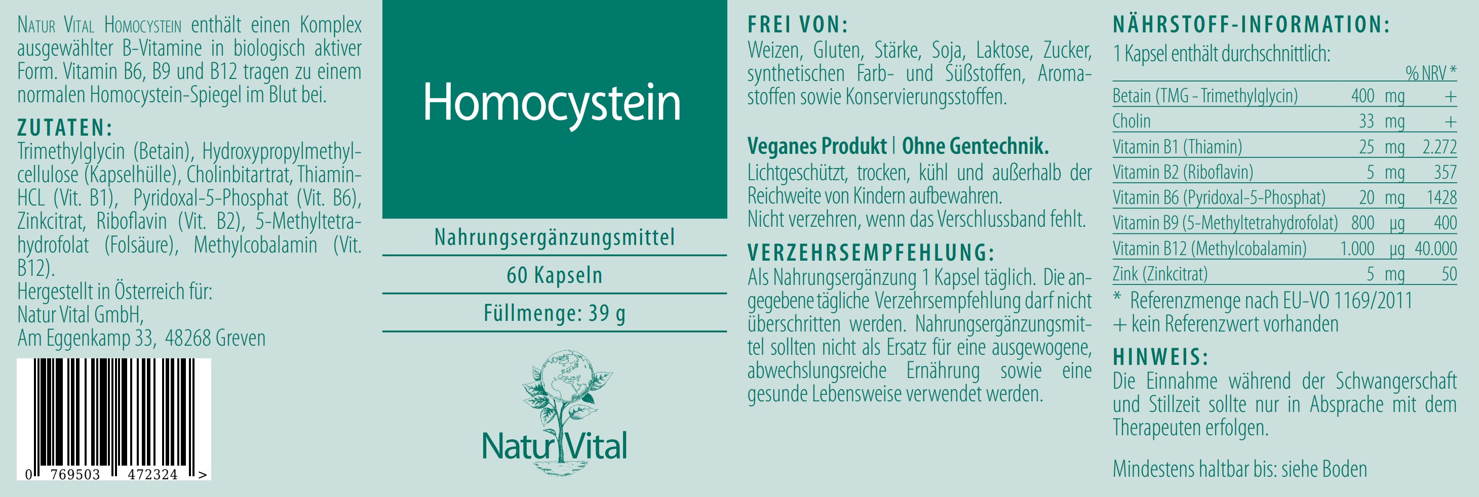 Natur Vital Homocystein, 60 Kapseln vitamin EAN: 4262512990316