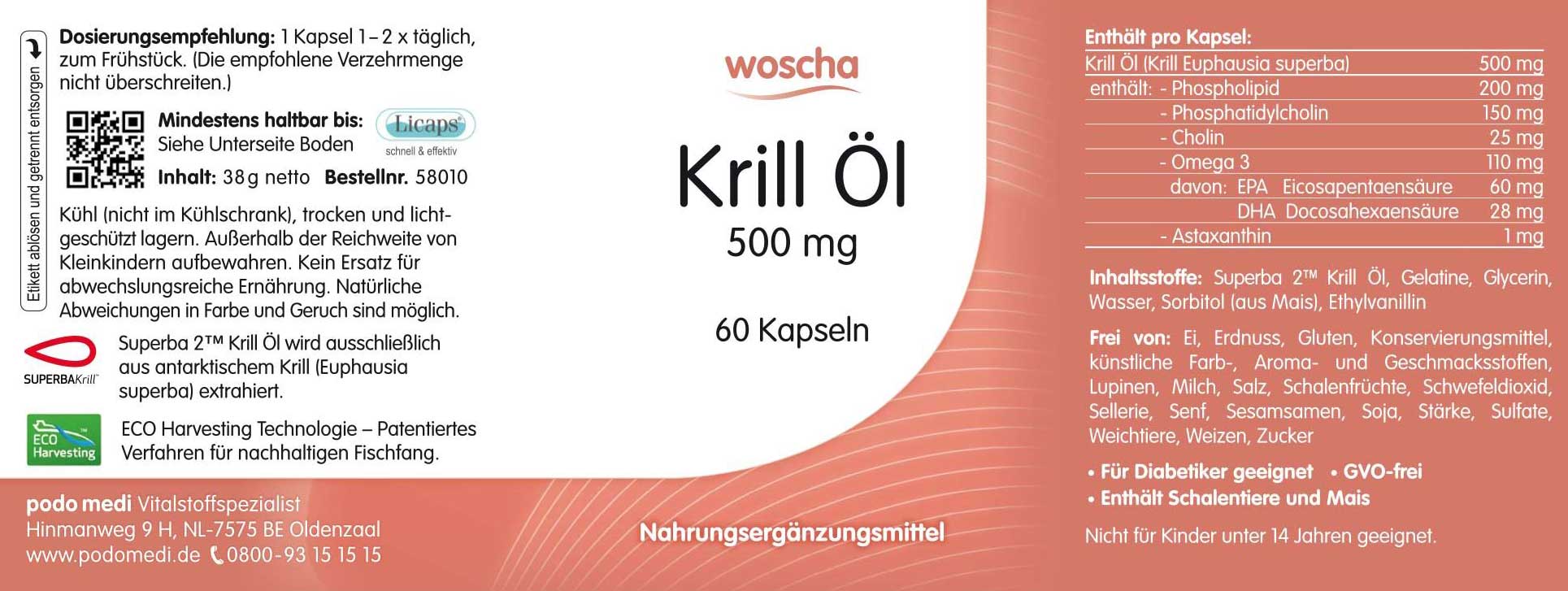 Woscha Krill Öl von podo medi beinhaltet 60 Kapseln je 500 Milligramm Etikett