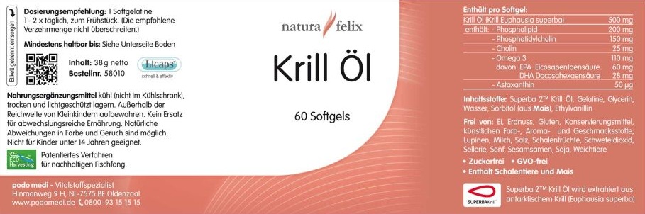 natura-felix Krill Öl von podo medi beinhaltet 60 Kapseln je 500 Milligramm Etikett
