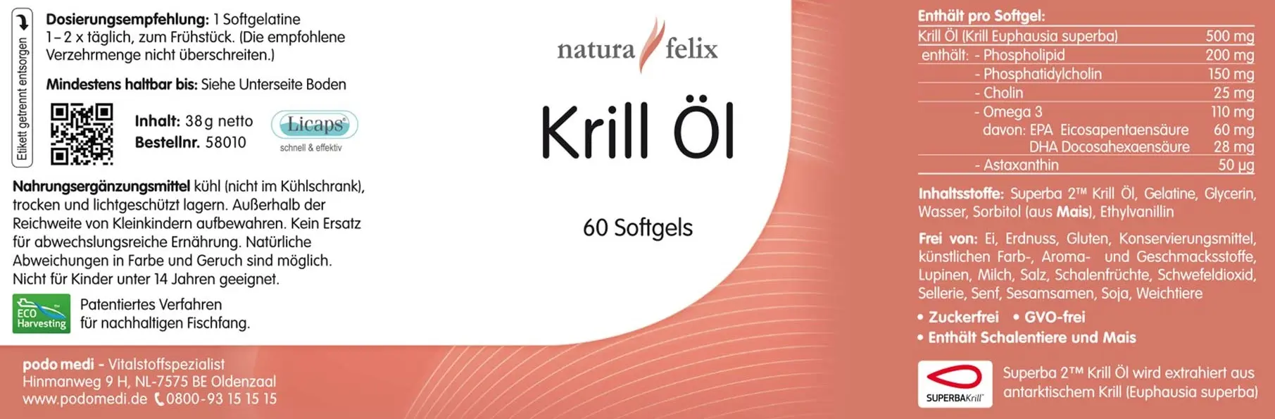 natura-felix Krill Öl von podo medi beinhaltet 60 Kapseln je 500 Milligramm Etikett