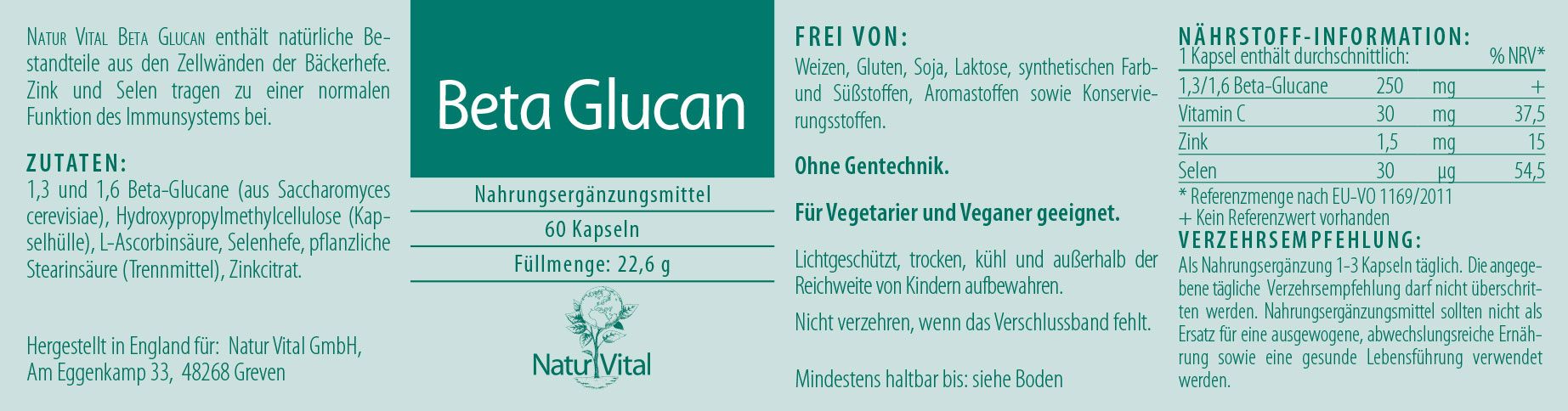 Etikett Beta Glucan von Natur Vital beinhaltet 60 Kapseln