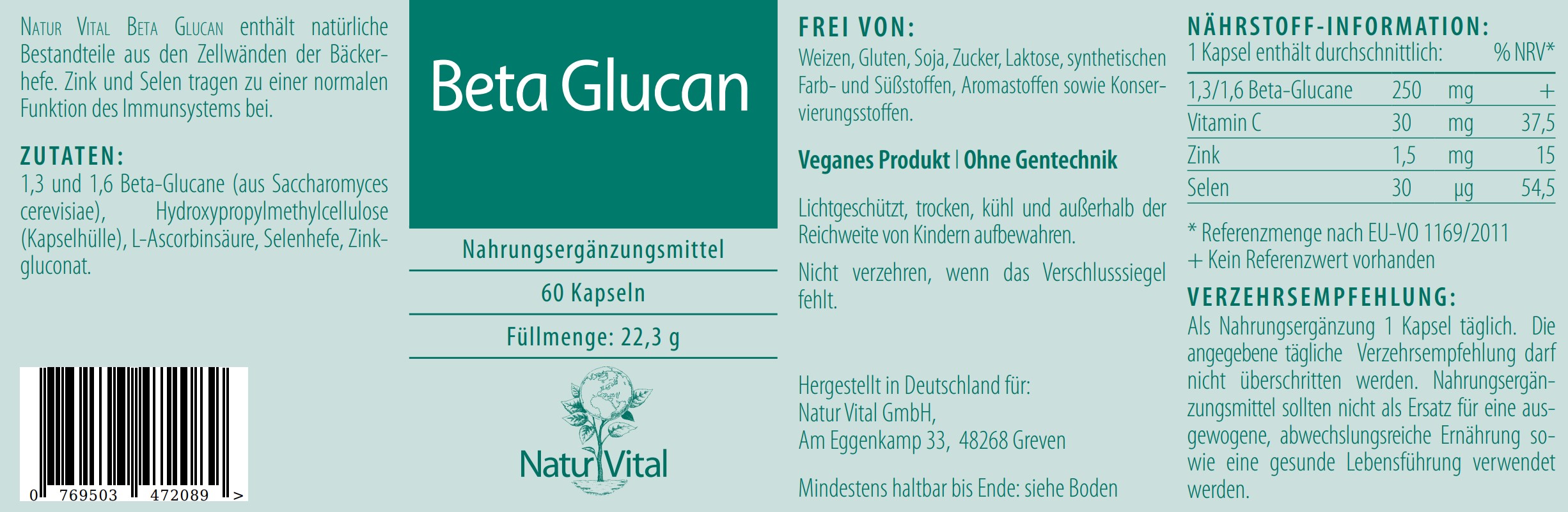 Etikett Beta Glucan von Natur Vital beinhaltet 60 Kapseln