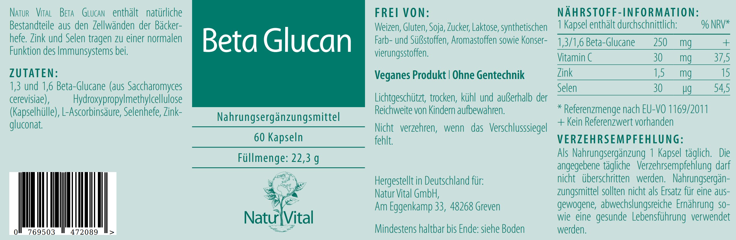 Etikett Beta Glucan Natur Vital 60 Kapseln Etikett Beta Glucan von Natur Vital beinhaltet 60 Kapseln