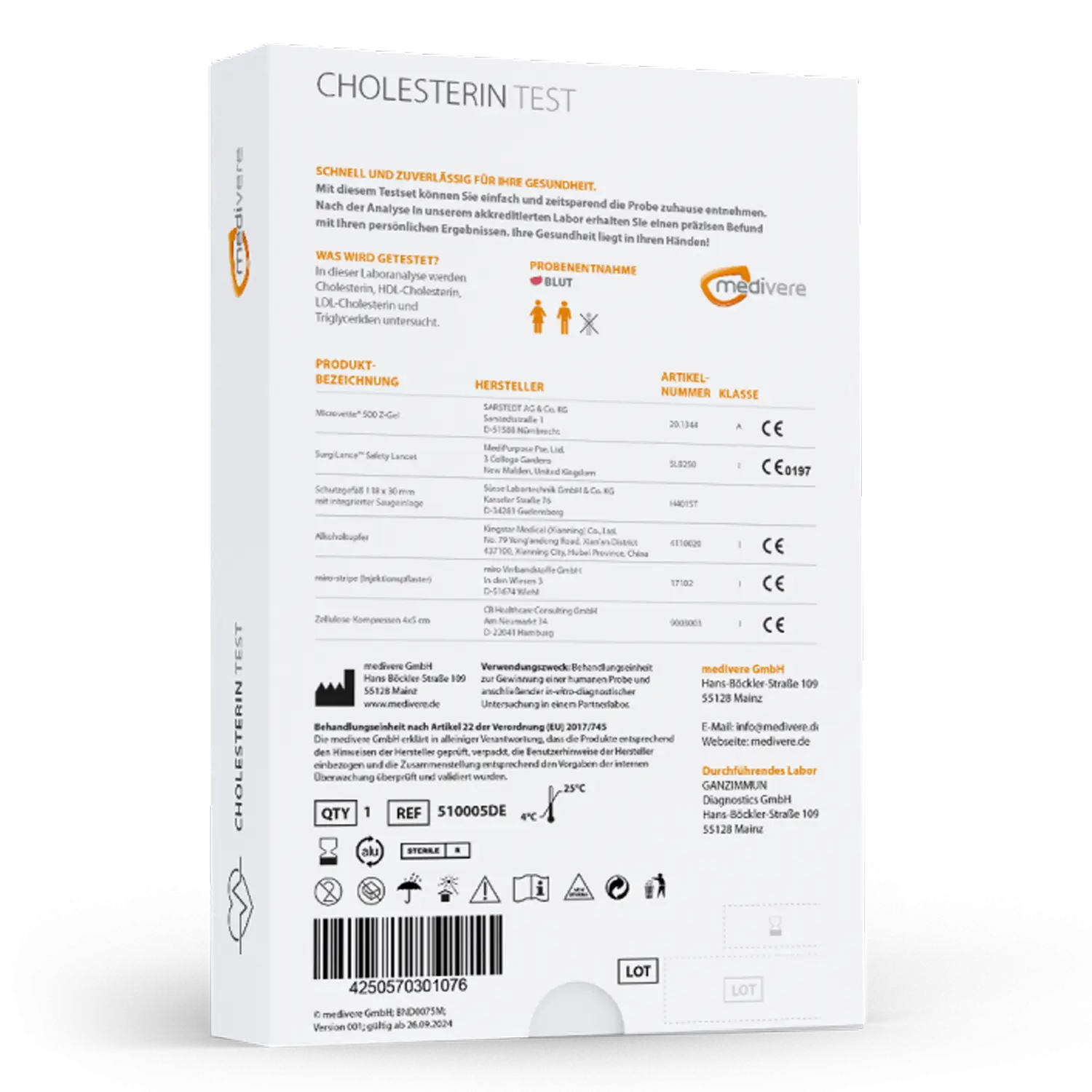 Medivere Cholesterin Bluttest Medivere Laboranalyse Zecken-Test 110018DE Borrelien 910001DE EAN: 4250570301076