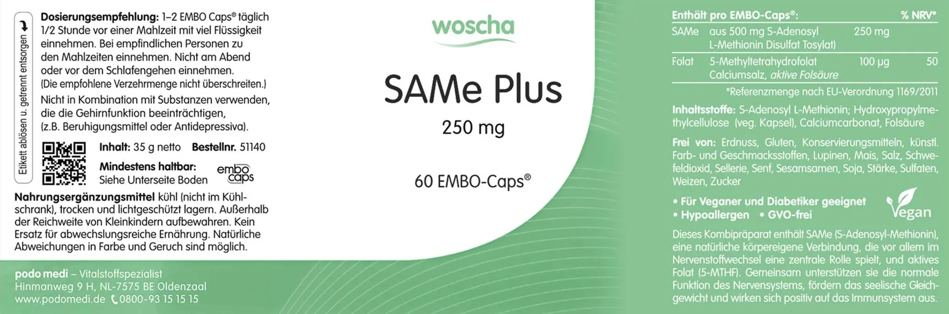 Woscha SAMe Plus mit aktiver Folsäure, 60 EMBO-Caps  EAN: 8717729190869