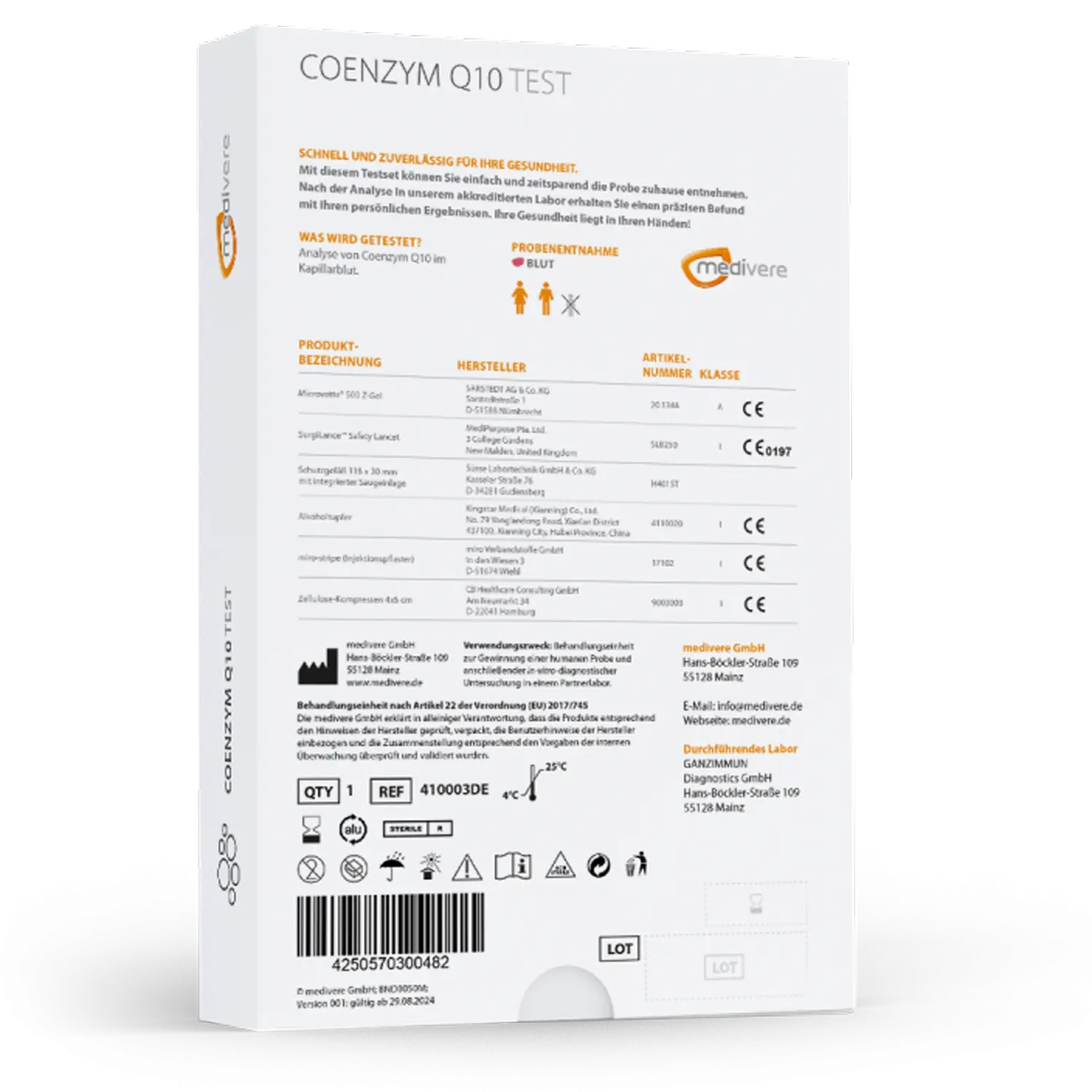 Medivere Coenzym Q10 Bluttest Medivere Laboranalyse Coenzym Q10 410003DE Bluttest EAN: 4250570300482