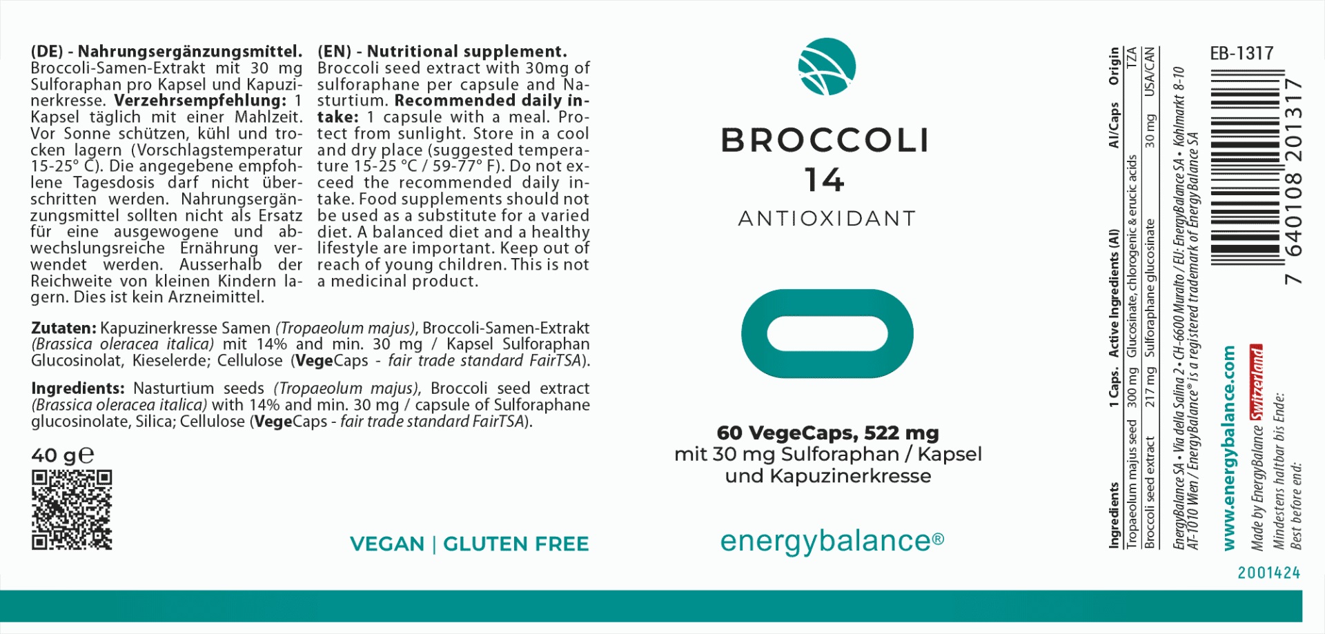 EnergyBalance Broccoli 14 + Kapuzinerkresse, 60 Kapseln Tumor EAN: 7640108201317