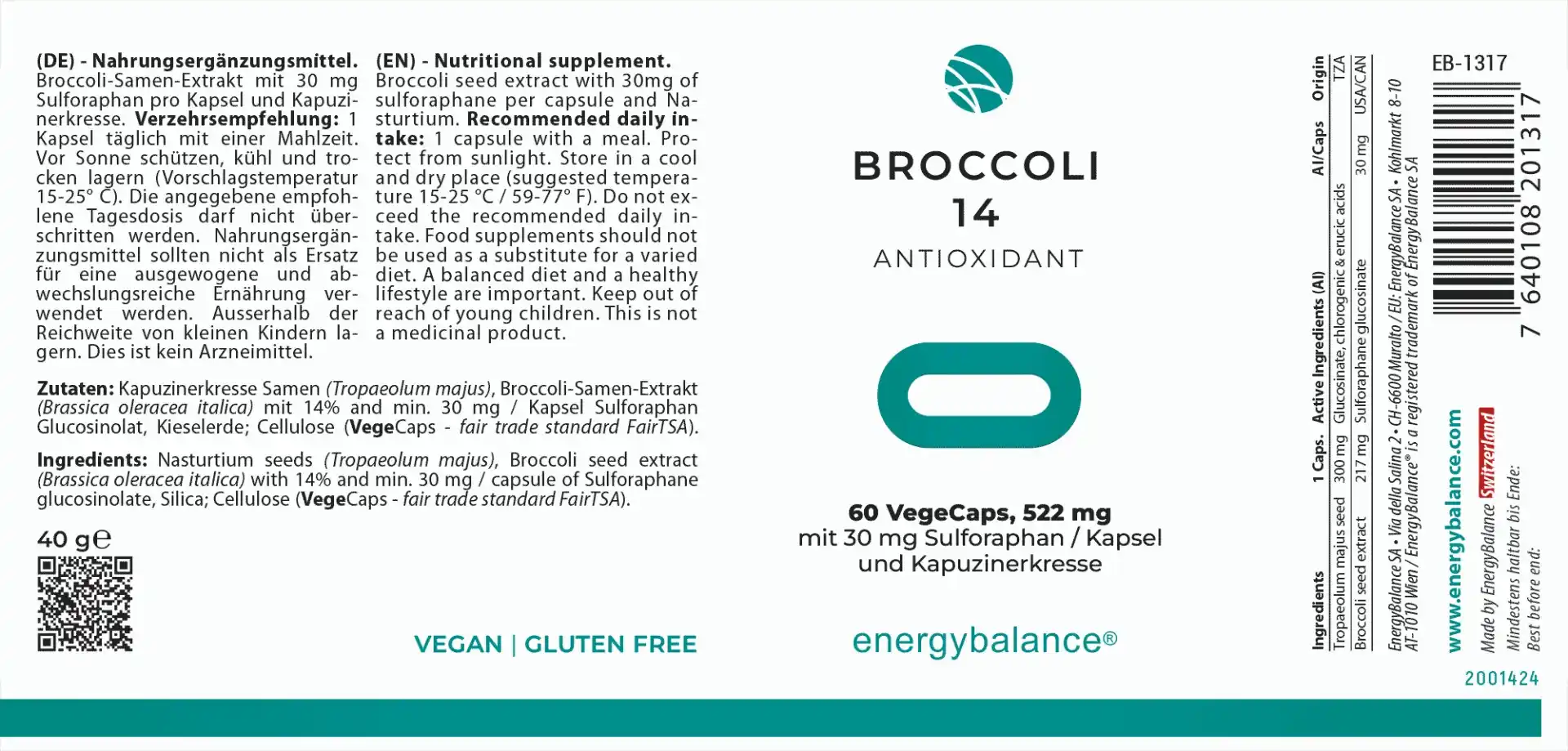 EnergyBalance Broccoli 14 Antioxidant, 60 capsules Tumor EAN: 7640108201317