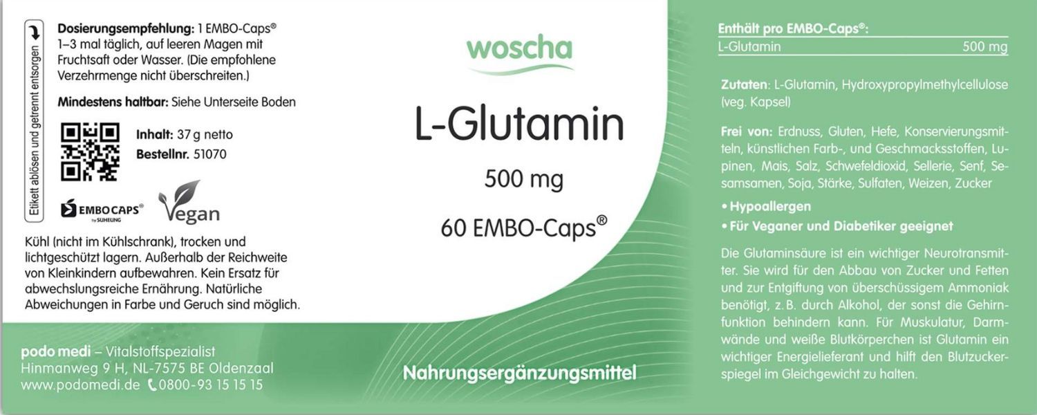 Woscha L-Glutamin 500 mg podo medi 60 EMBO-CAPS Etikett Woscha L-Glutamin 500 Milligramm von podo medi beinhaltet 60 EMBO-CAPS Etikett