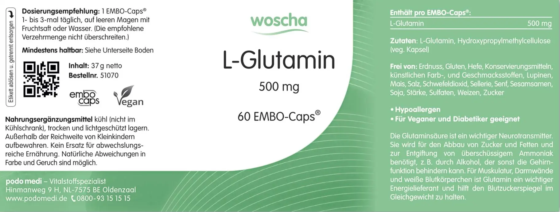 Woscha L-Glutamin 500 Milligramm von podo medi beinhaltet 60 EMBO-CAPS Etikett