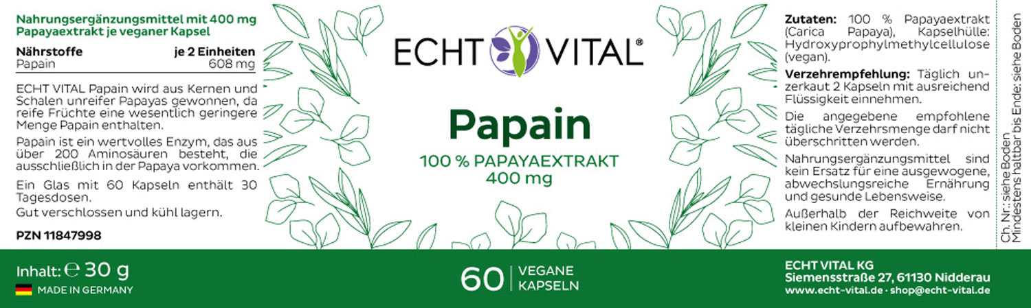 Etikett Papain von Echt Vital beinhaltet 60 vegane Kapseln