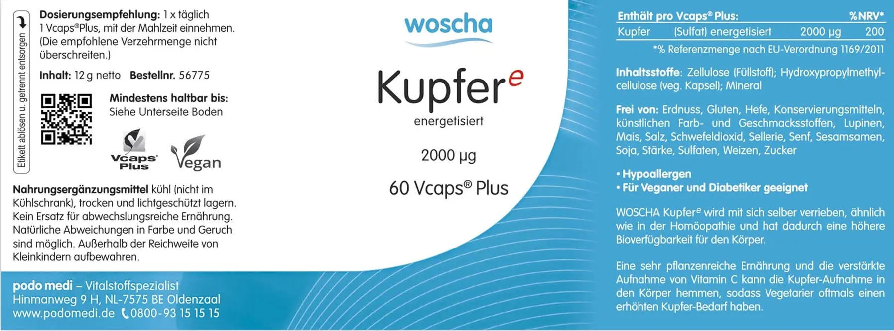 Woscha Kupfer energetisiert von podo medi beinhaltet 60 Kapseln Etikett