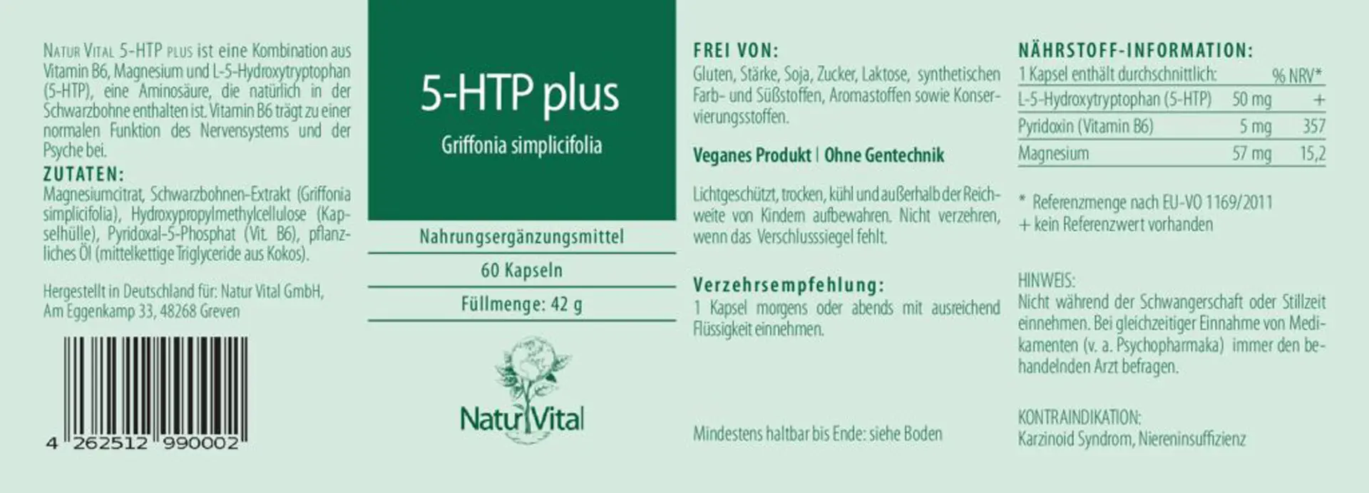 Natur Vital 5-HTP plus Griffonia, 60 Kapseln  EAN: 4262512990002