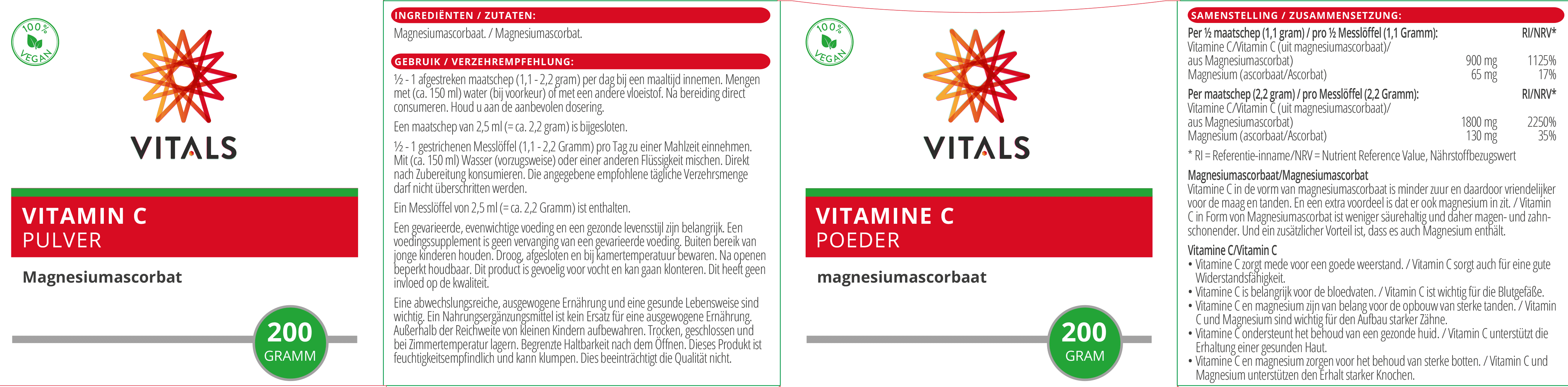 Vitals Vitamin C Pulver, 200 Gramm Magnesiumascorbat  EAN: 8716717002559