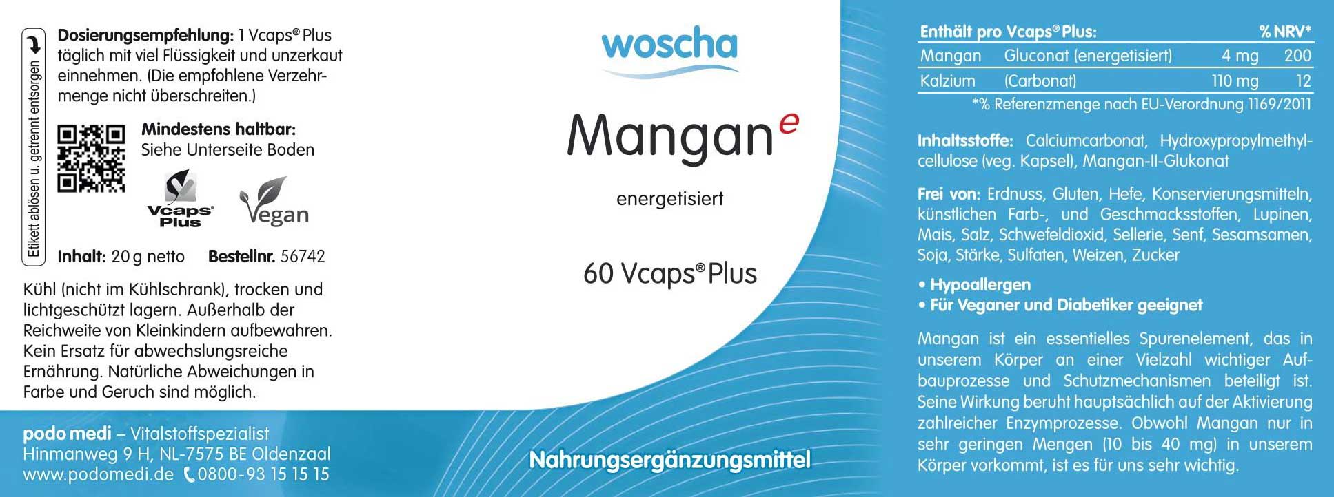 Woscha Mangan energetisiert von podo medi beinhaltet 60 Kapseln Etikett