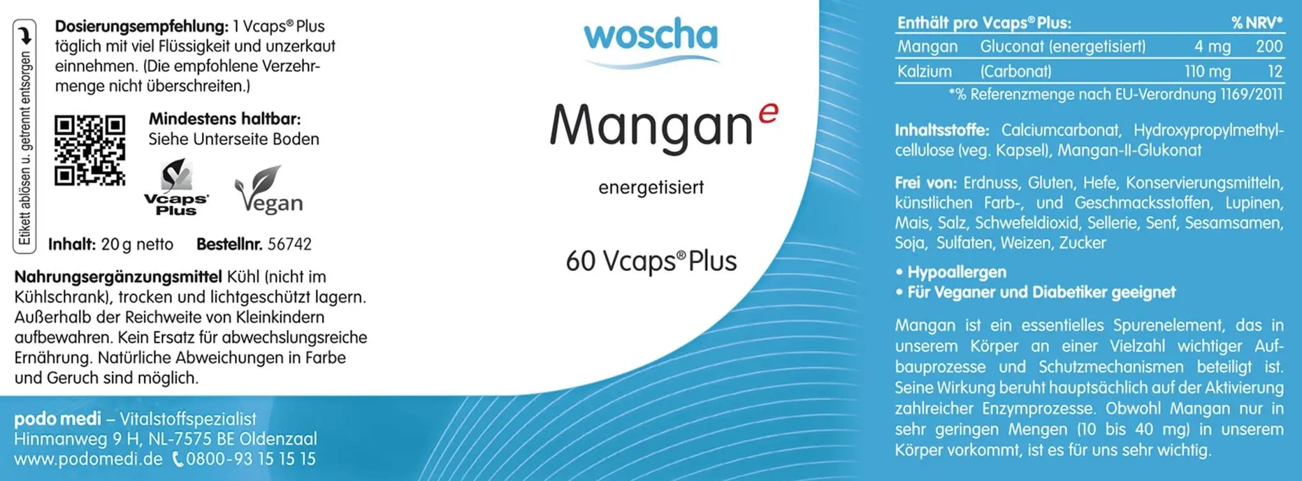 Woscha Mangan energetisiert von podo medi beinhaltet 60 Kapseln Etikett