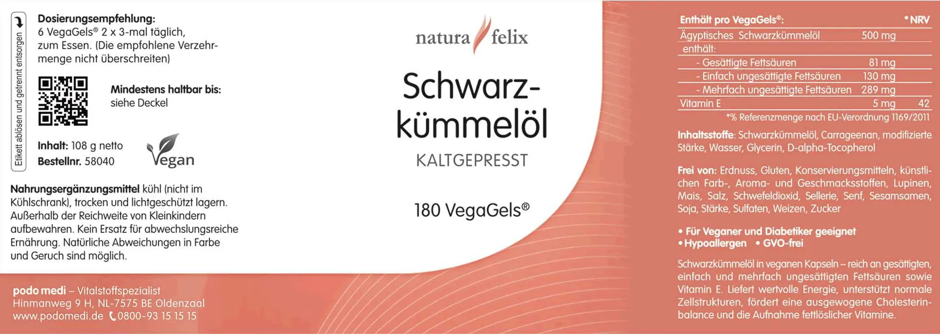 Natura Felix Schwarzkümmelöl 500 mg, 180 VegaGels Label