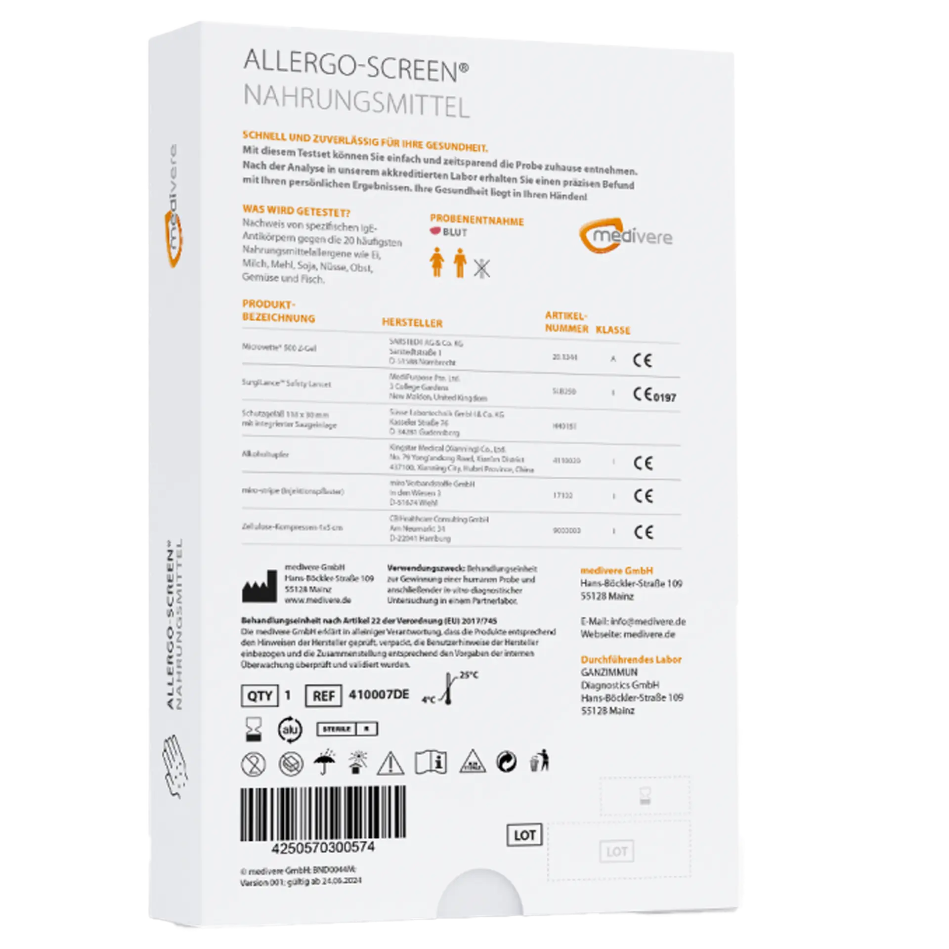 Medivere Allergo-Screen® Nahrungsmittel Medivere Nahrungsmittelallergene Nahrungsmittelallergie EAN: 4250570300574
