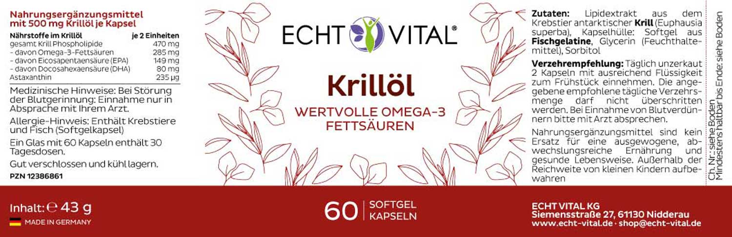 Etikett Krillöl von Echt Vital beinhaltet 60 Kapseln