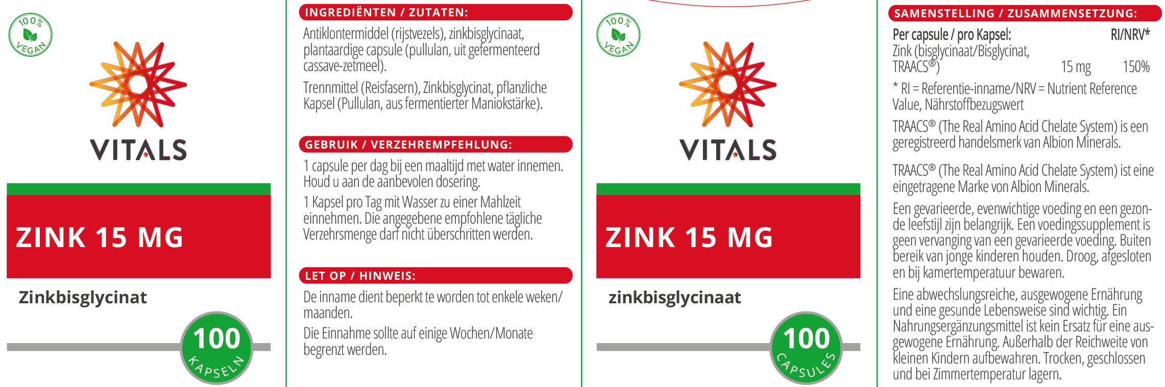 Vitals Zink 15 mg Zinkbisglycinat, 100 Kapseln  EAN: 8716717003587