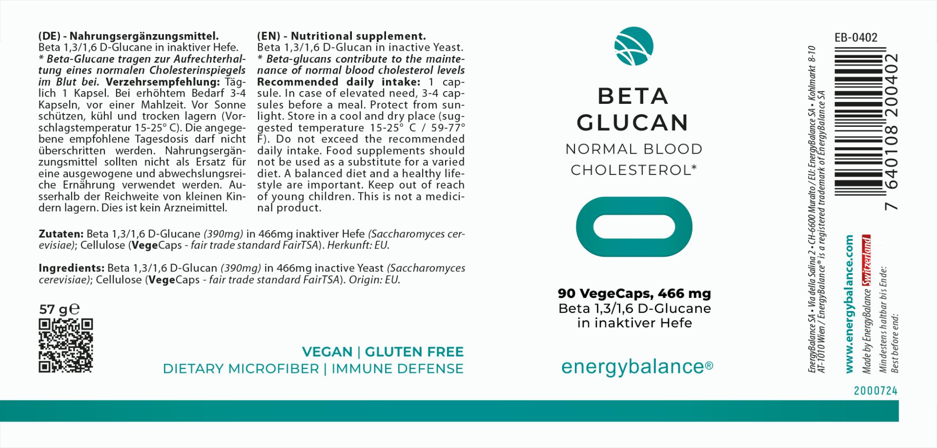 EnergyBalance Beta Glucan Beta D-1,3/1,6 Glukane, 90 VegeCaps Immunsystem EAN: 7640108200402