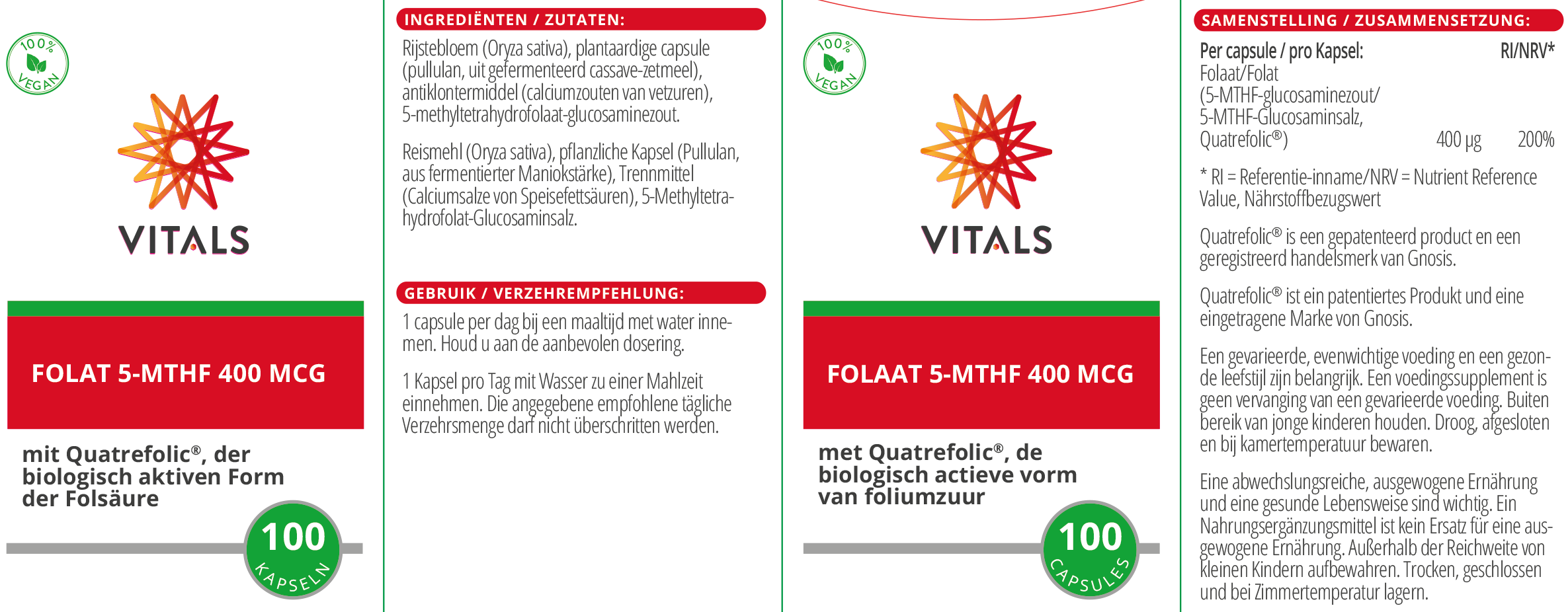 Vitals Folate 5-MTHF 400 mcg, 100 capsules  EAN: 8716717004072