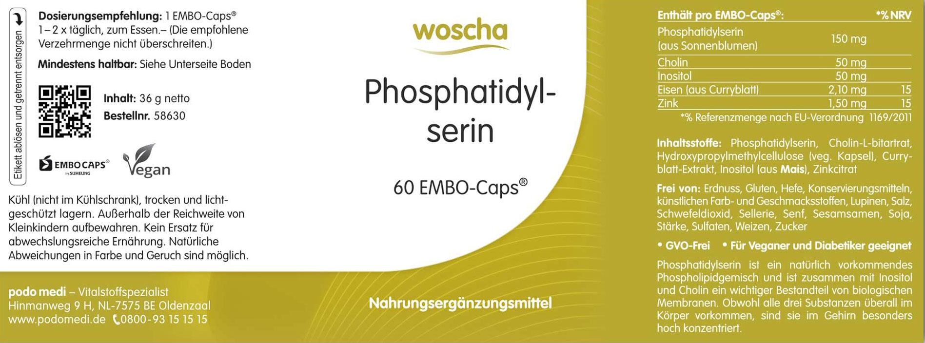 Woscha Phosphatidylserin von podo medi beinhaltet 60 Kapseln Etikett, Werbung, Plakat, Text, QR Kode