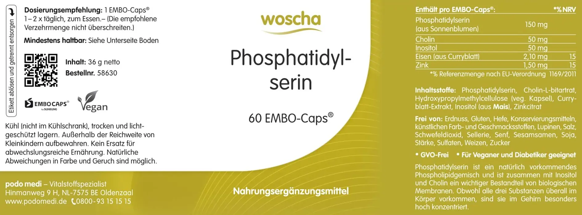 Woscha Phosphatidylserin von podo medi beinhaltet 60 Kapseln Etikett, Werbung, Plakat, Text, QR Kode