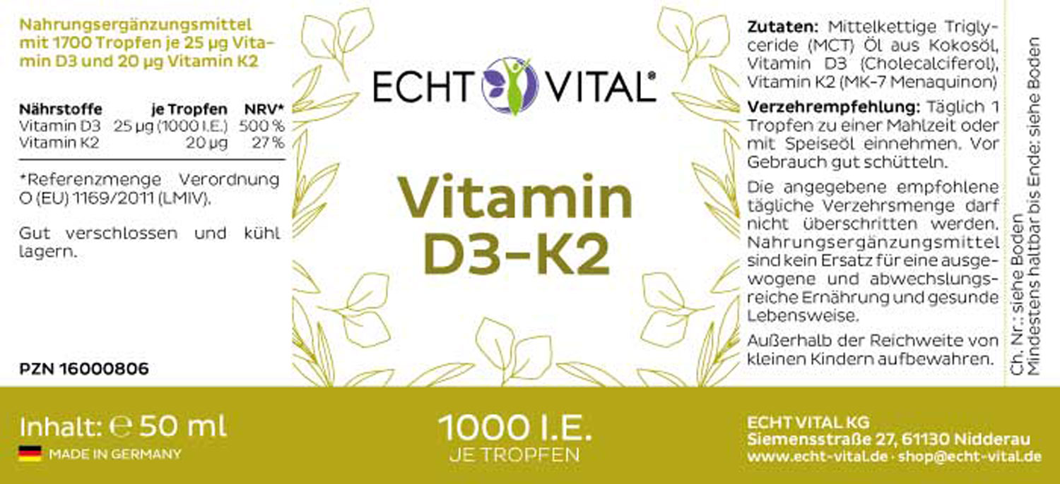 Etikett Vitamin D3-K2 Tropfen von Echt Vital in 50 Milliliter Flasche