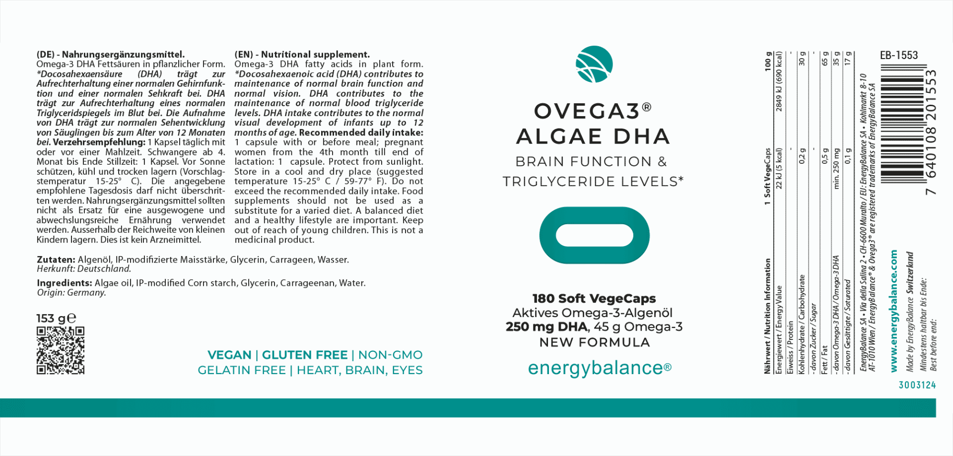 EnergyBalance Ovega3 life DHA algae oil, 180 capsules  EAN: 7640108201553