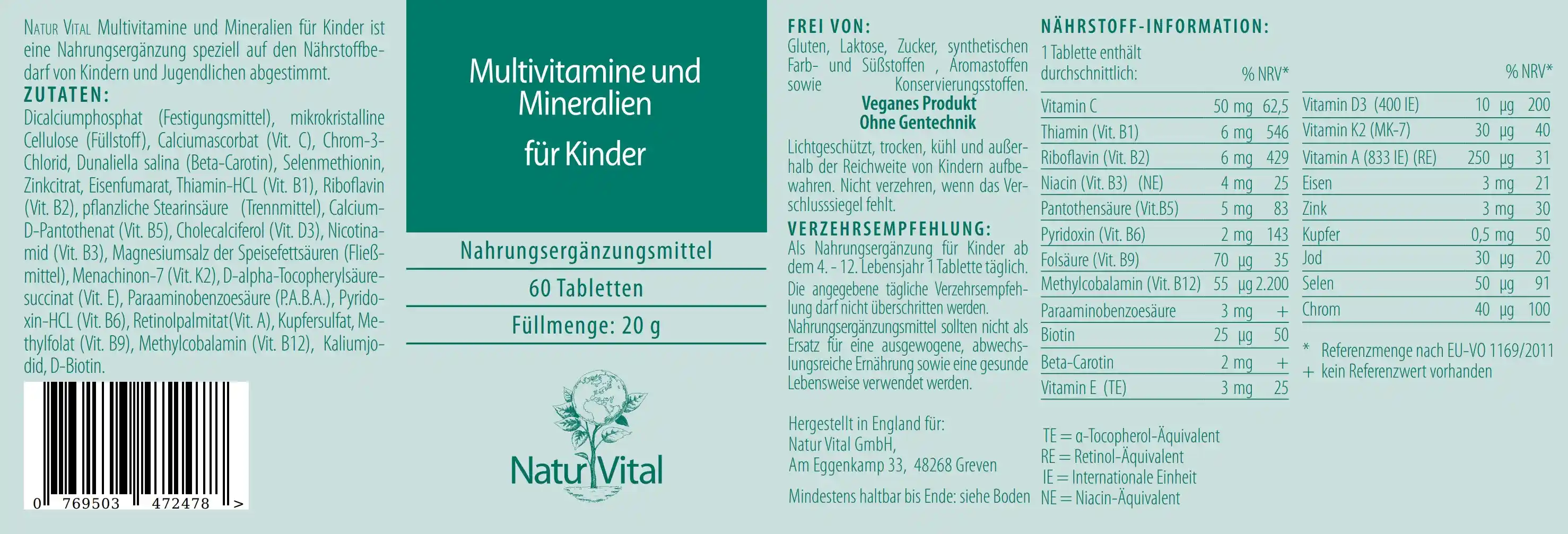 Natur Vital Multivitamine Kinder, 60 Kapseln: EAN: 4262512990491