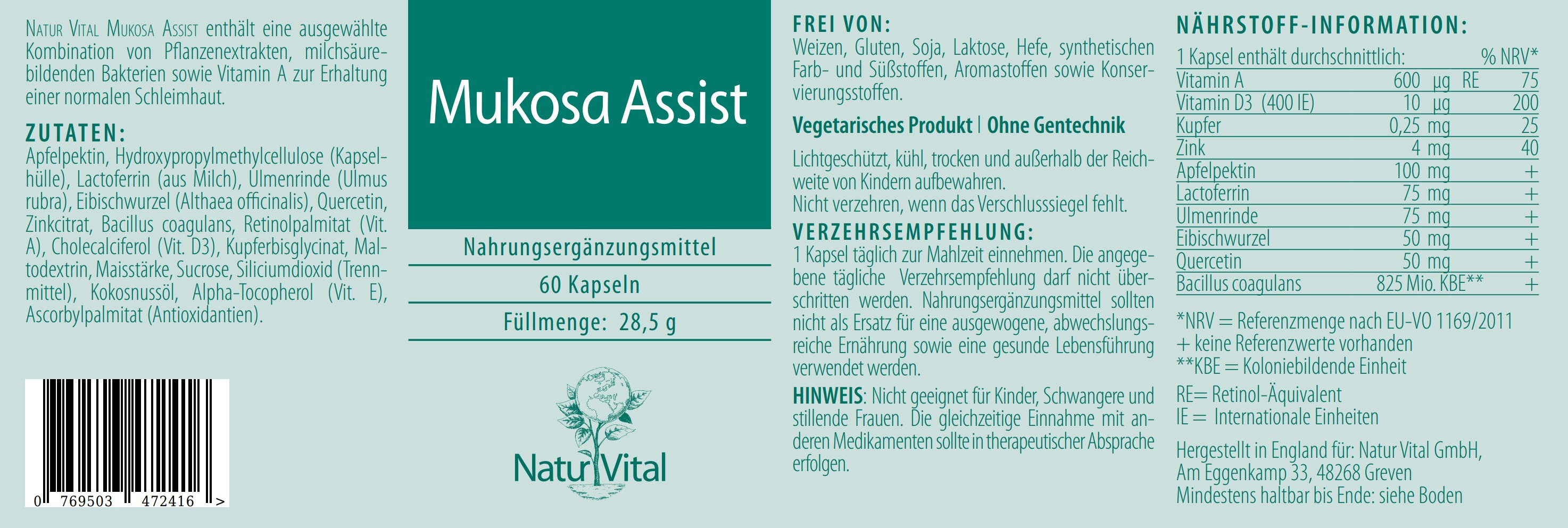 Etikett Mukosa Assist Kräuter von Natur Vital beinhaltet 60 Kapseln