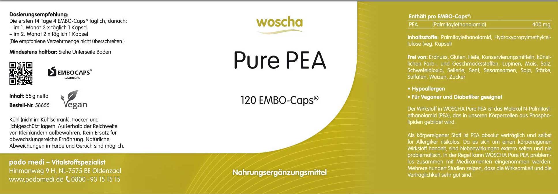 Woscha Pure PEA Palmitoylethanolamid von podo medi beinhaltet 120 Kapseln Etikett