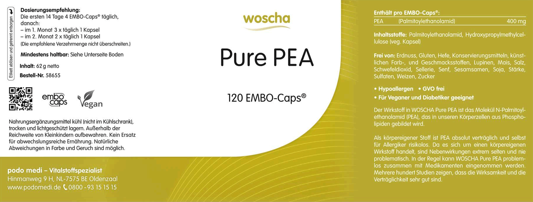 Woscha Pure PEA Palmitoylethanolamid podo medi 120 Kapseln Etikett Woscha Pure PEA Palmitoylethanolamid von podo medi beinhaltet 120 Kapseln Etikett