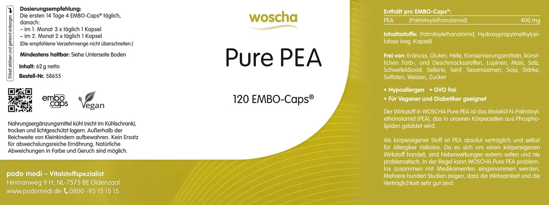 Woscha Pure PEA Palmitoylethanolamid von podo medi beinhaltet 120 Kapseln Etikett