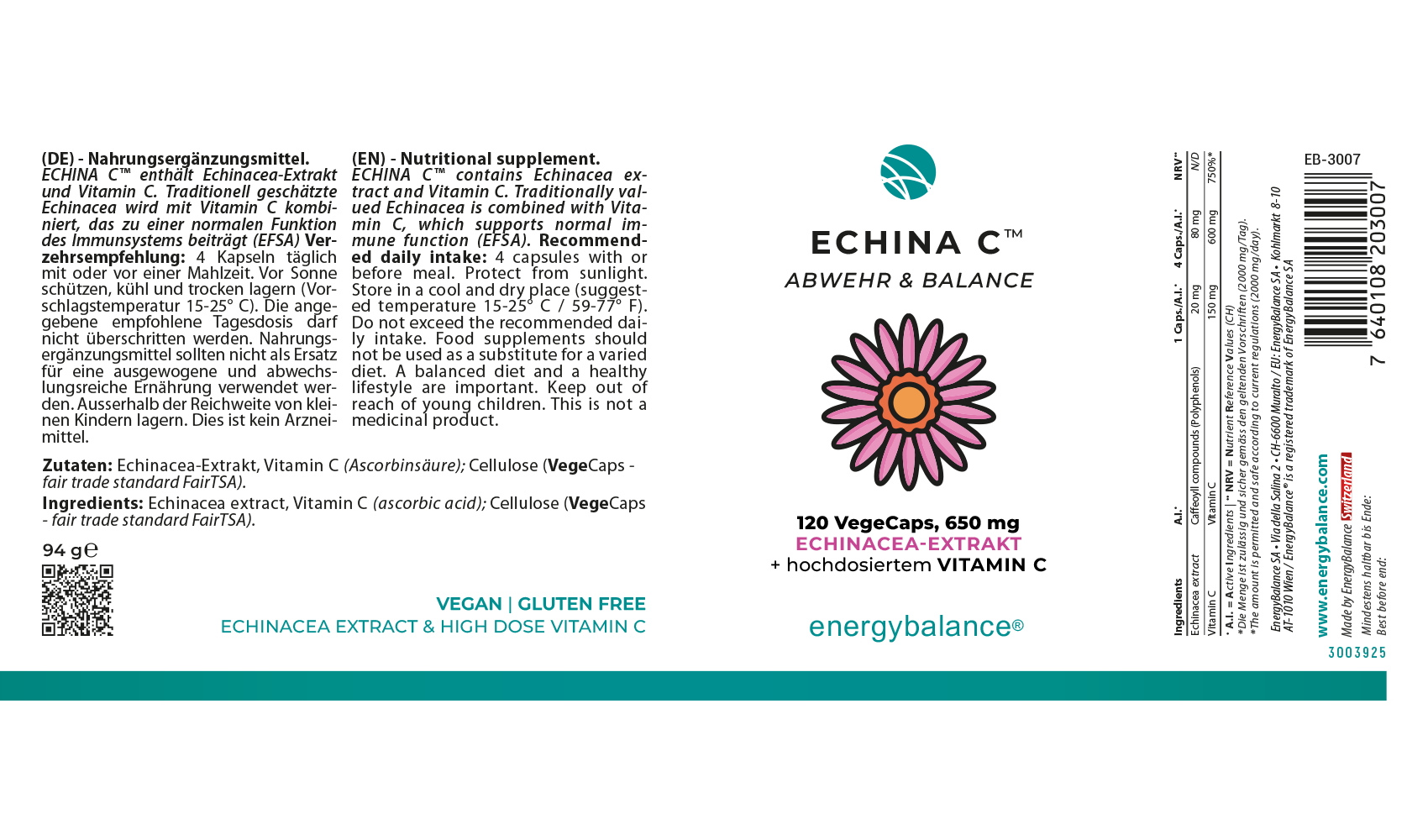 EnergyBalance ECHINA C Echinacea und hochdosiertes Vitamin C, 120 VegeCaps Immunsystem EAN: 7640108203007