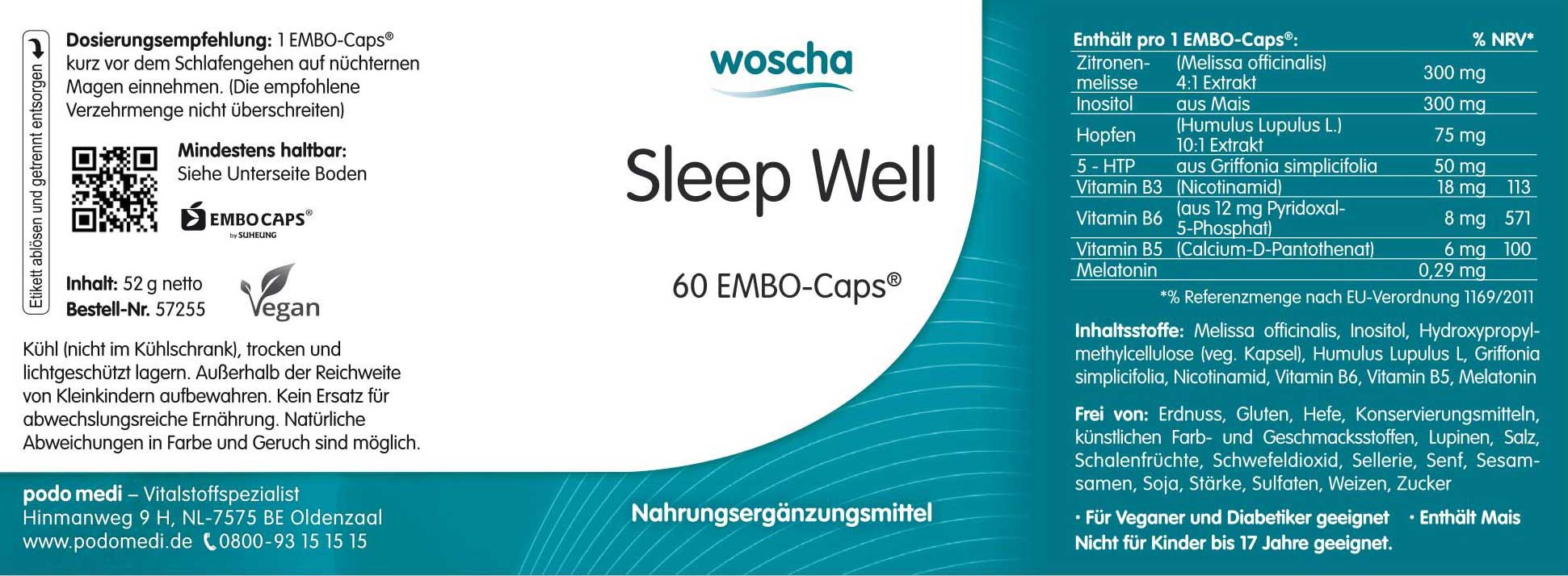 Woscha Sleep Well von podo medi beinhaltet 60 Kapseln Etikett