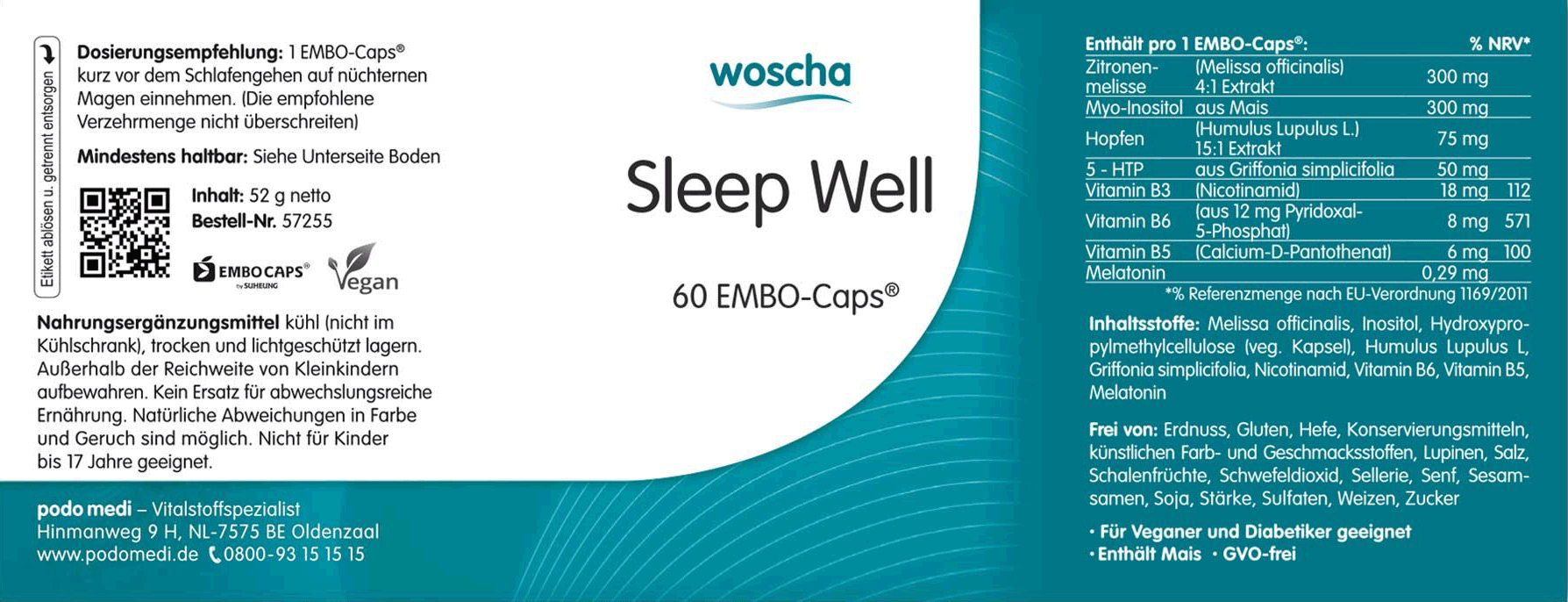 Woscha Sleep Well podo medi 60 Kapseln Etikett Woscha Sleep Well von podo medi beinhaltet 60 Kapseln Etikett