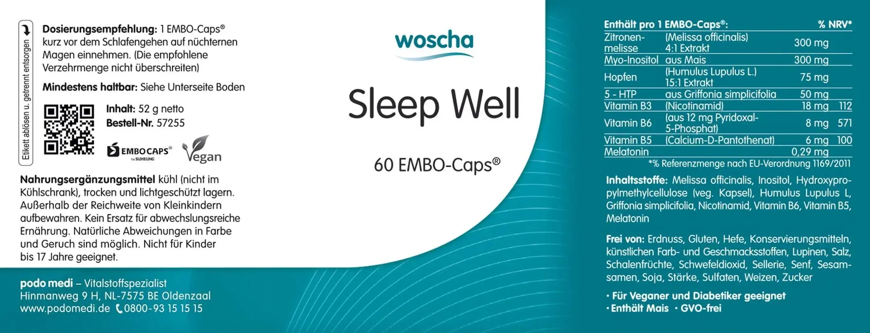 Woscha Sleep Well, 60 Kapseln beruhigende Kräuter Zitronmelisse Lemon balm EAN: 8717729191675