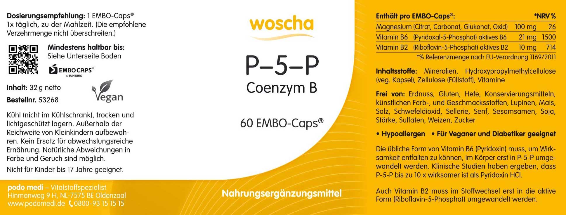 Woscha P-5-P Coenzym B6 von podo medi beinhaltet 60 Kapseln Etikett