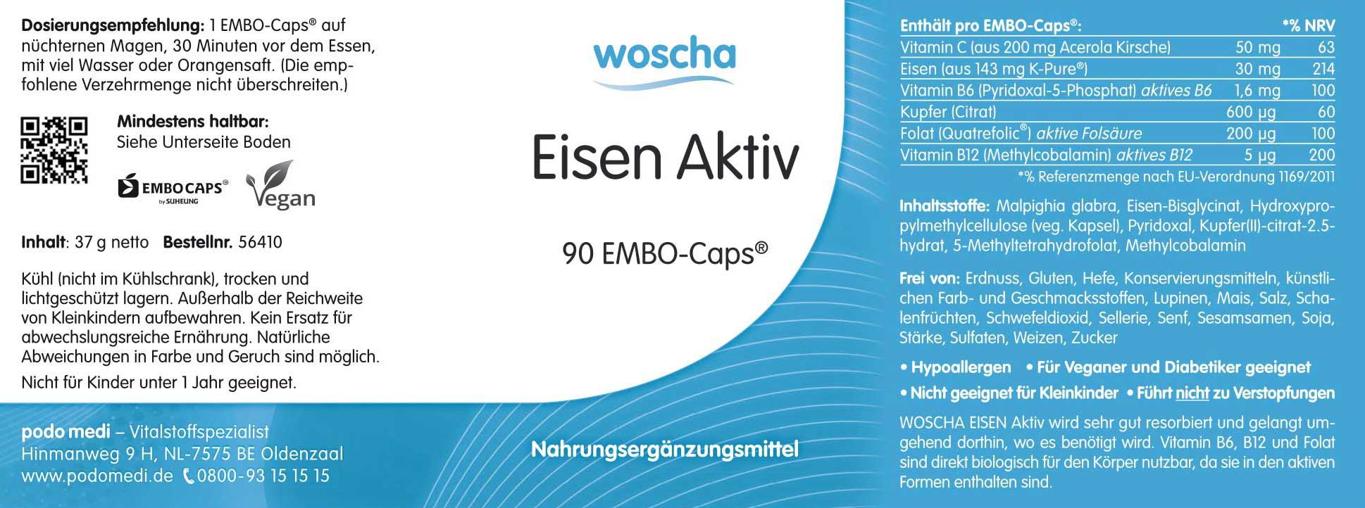 Woscha Eisen Aktiv Eisenchelate von podo medi beinhaltet 90 Kapseln Etikett